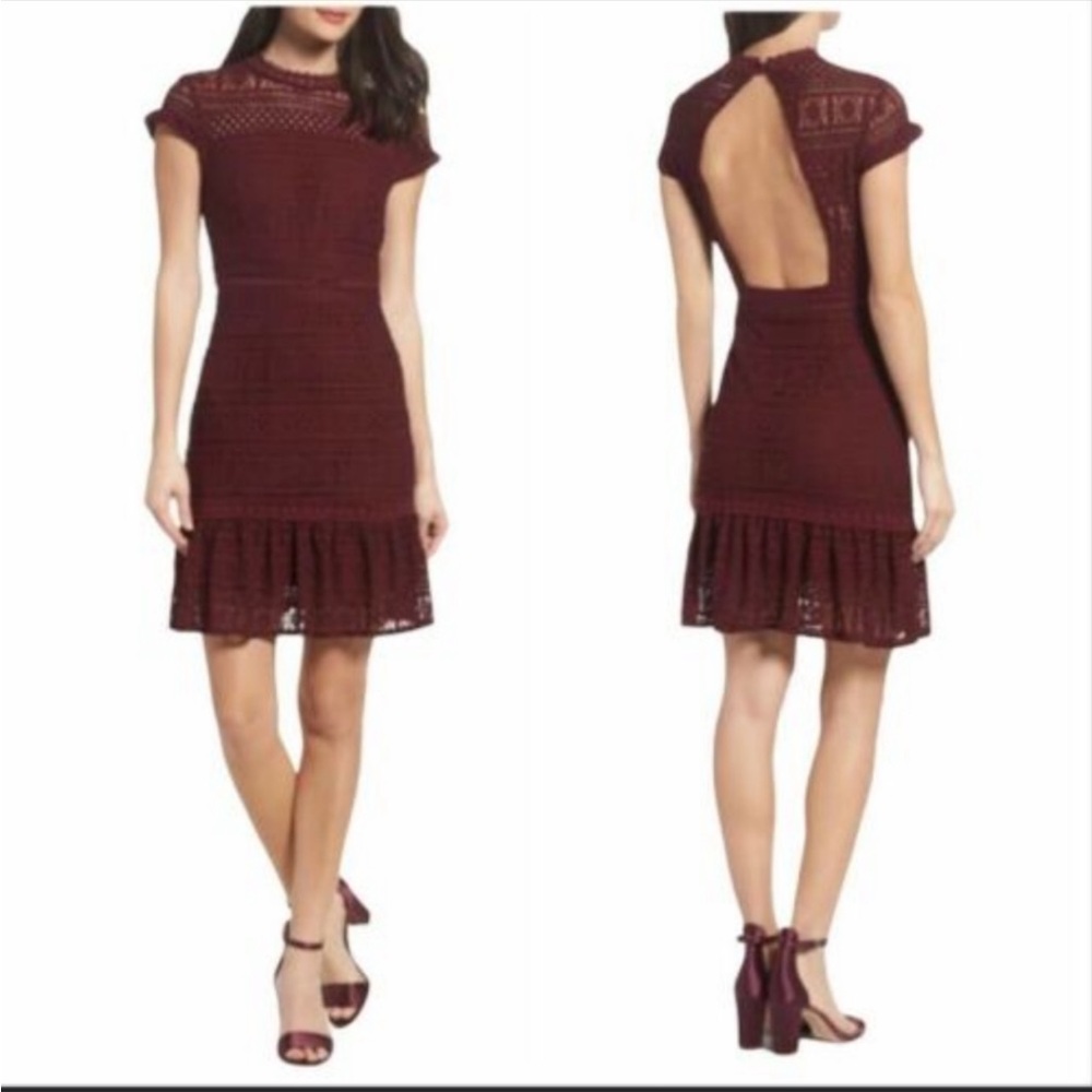 NWT foxiedox Ellie backless lace dress Sz M Burgundy